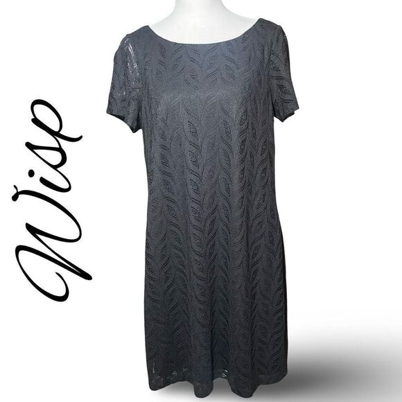 WISP A-line Dress, Short Sleeves, Lace Leaf Pattern Overlay, Black,  Size 12 - Picture 1 of 9